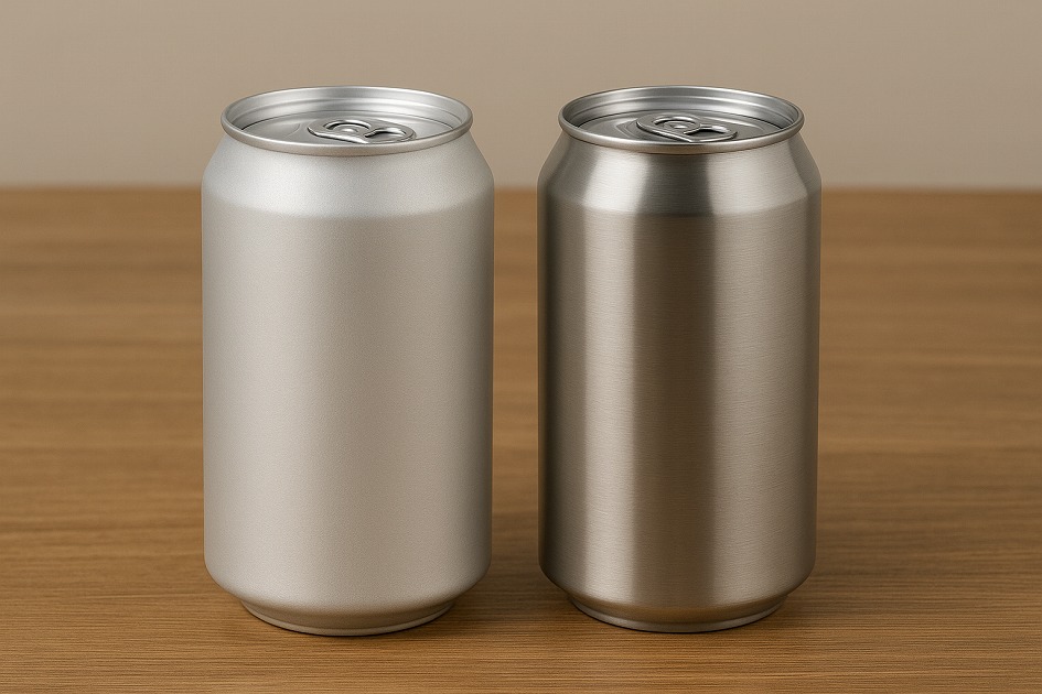 アルミ缶とステンレス缶を並べて比較した写真。材質の違いと打ち抜き加工での特性差を説明するための比較画像。