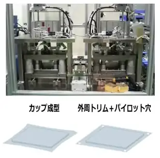 カップ成形と外周トリムを別工程で行う従来方式のラミネートパック成形型