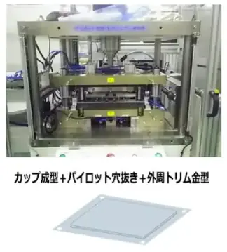 カップ成形・外周トリム・パイロット穴抜きを1型に集約したラミネートパック成形型