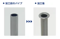 SUS316L製パイプ端末のフランジ加工前後の比較写真。板厚0.5mmのパイプ先端をプレス加工でフランジ形状に成形した試作事例